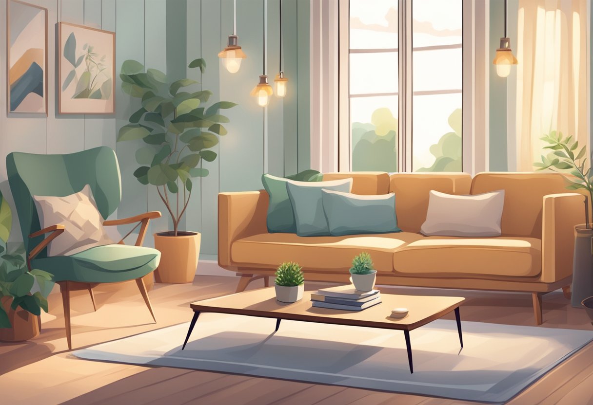 A cozy living room with soft lighting, comfortable furniture, and a small table with medical supplies. A peaceful atmosphere with gentle background music