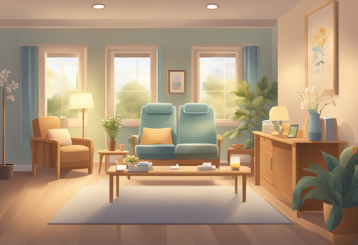 A peaceful room with soft lighting, comfortable furniture, and personal mementos. A caregiver provides gentle assistance to a patient receiving end-of-life care