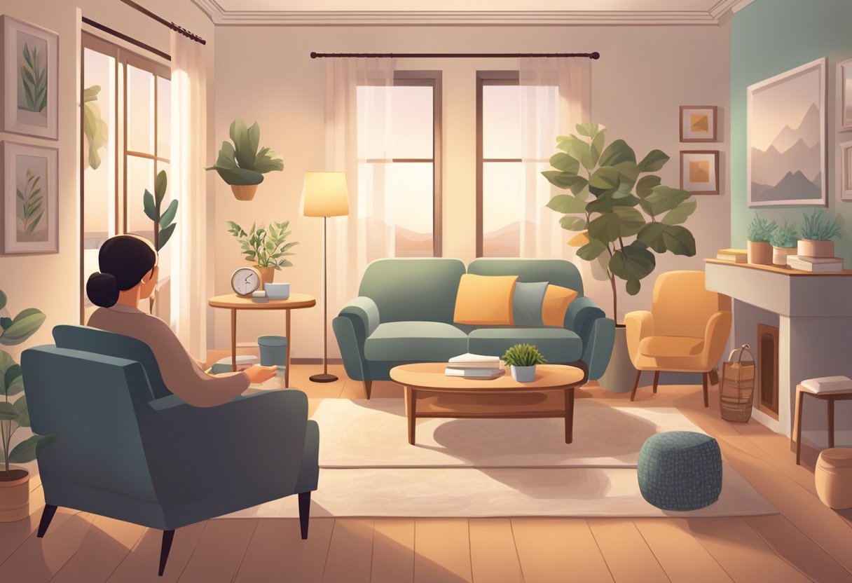 A cozy living room with soft lighting, comfortable furniture, and a peaceful atmosphere. A caregiver provides gentle support to a patient, surrounded by family photos and comforting decor