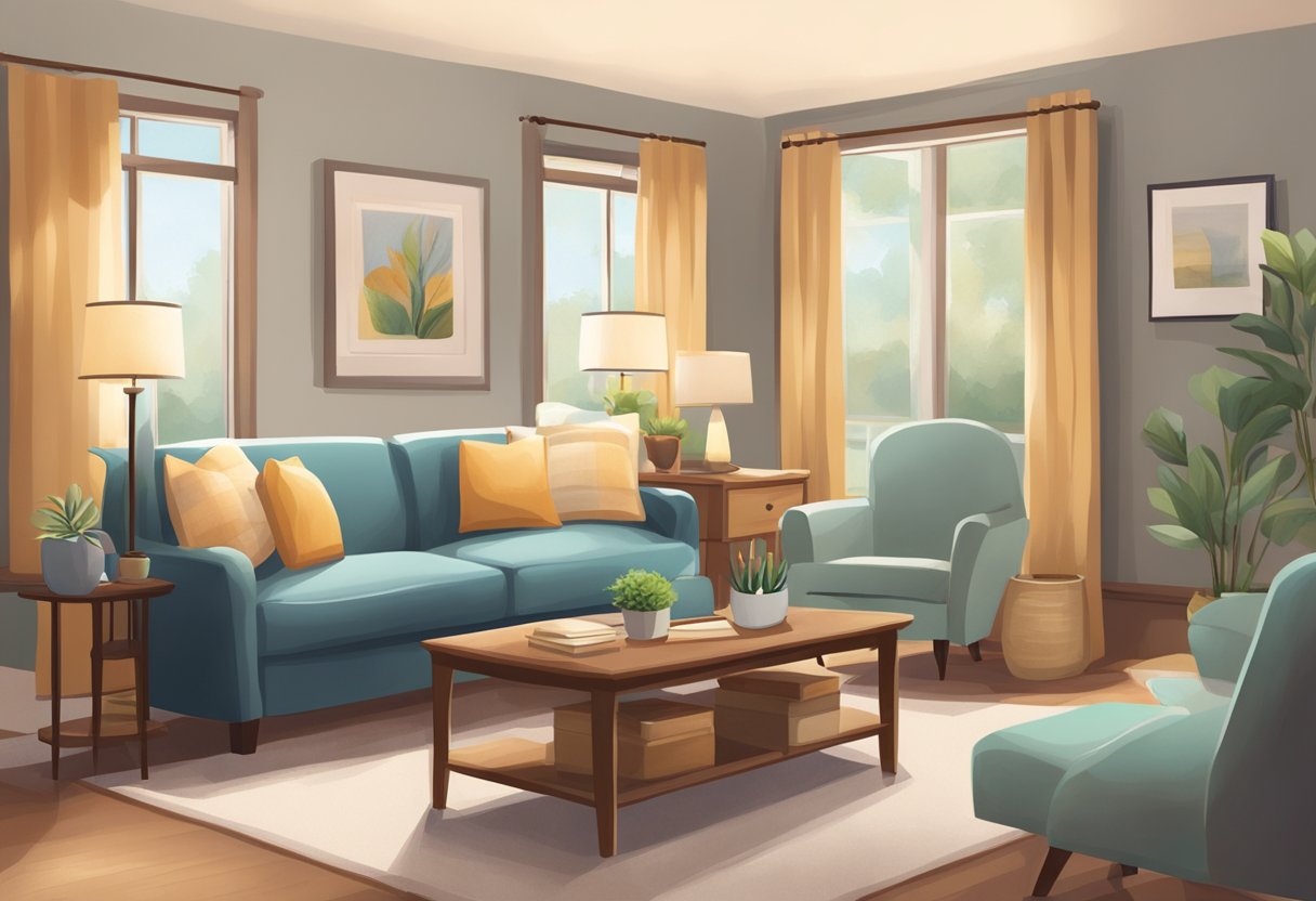 A peaceful living room with soft lighting, comfortable furniture, and a warm, inviting atmosphere. A small table holds books and resources for home hospice care in Cleveland