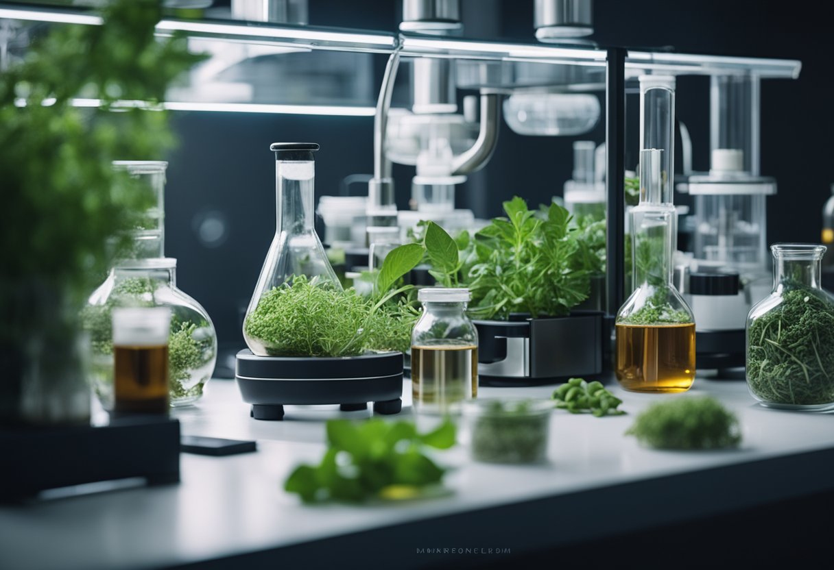 A laboratory setting with futuristic equipment and traditional herbs, symbolizing the fusion of modern science and ancient practices in biohacking and longevity research