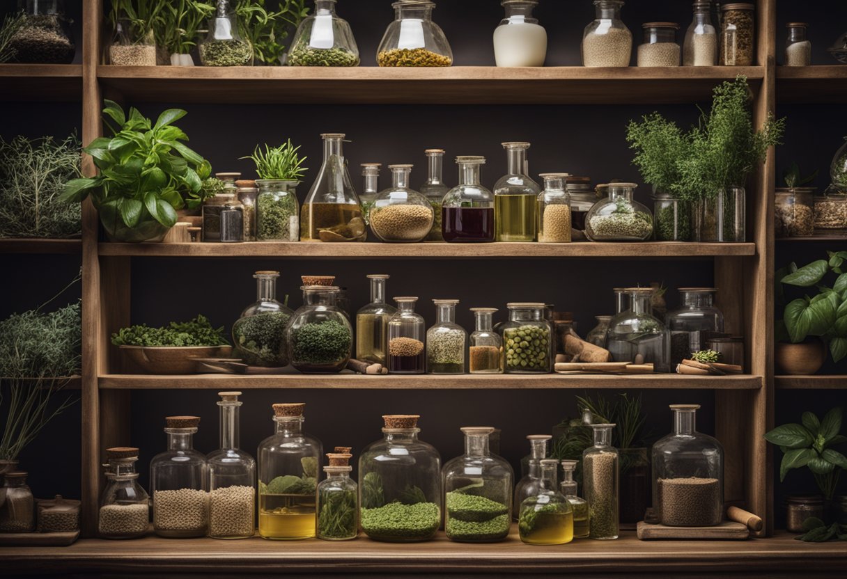 A laboratory setting with modern scientific equipment alongside traditional healing herbs and remedies. Books on biohacking and longevity line the shelves, showcasing the fusion of ancient practices with cutting-edge technology