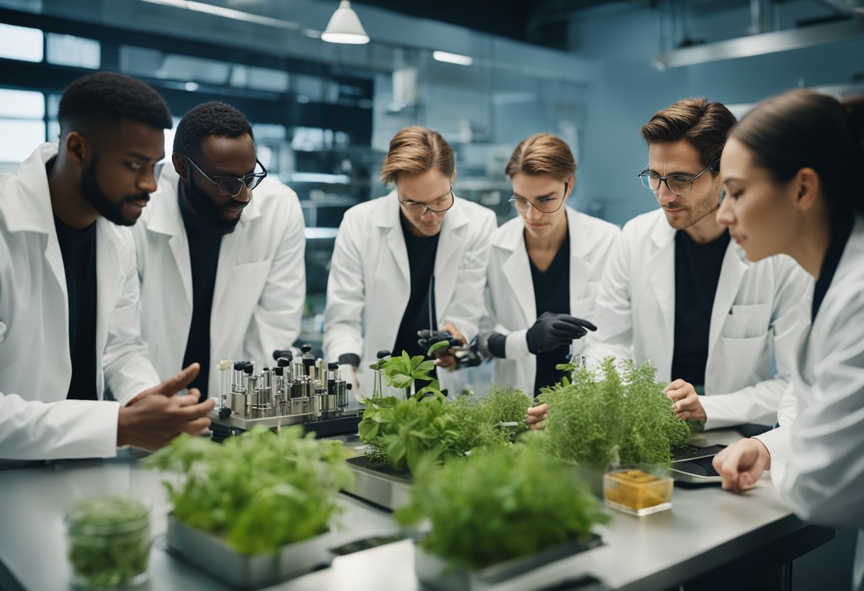 A diverse group of biohackers gather around a table, exchanging ideas and techniques. Traditional herbs and modern lab equipment coexist in the vibrant space