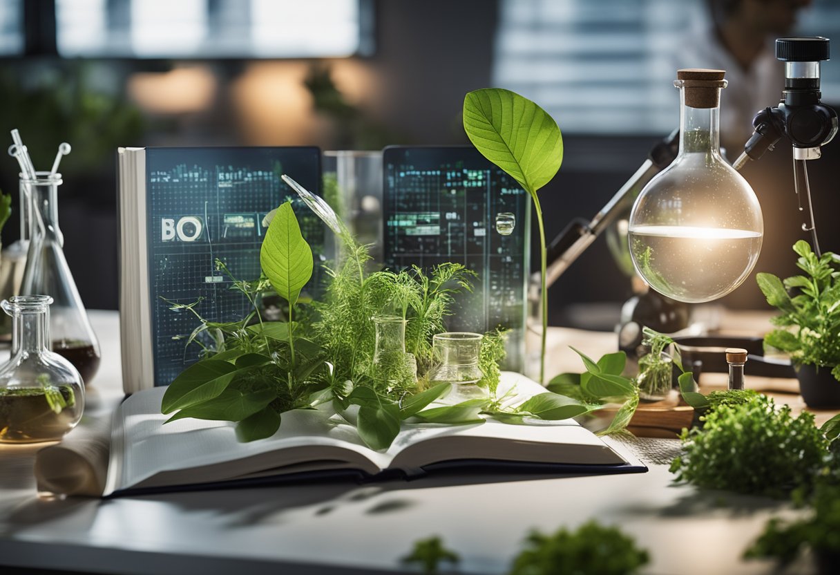 An open book with "Frequently Asked Questions Biohacking and Longevity: Traditional Practices and Modern Science" on the cover, surrounded by test tubes, plants, and modern laboratory equipment