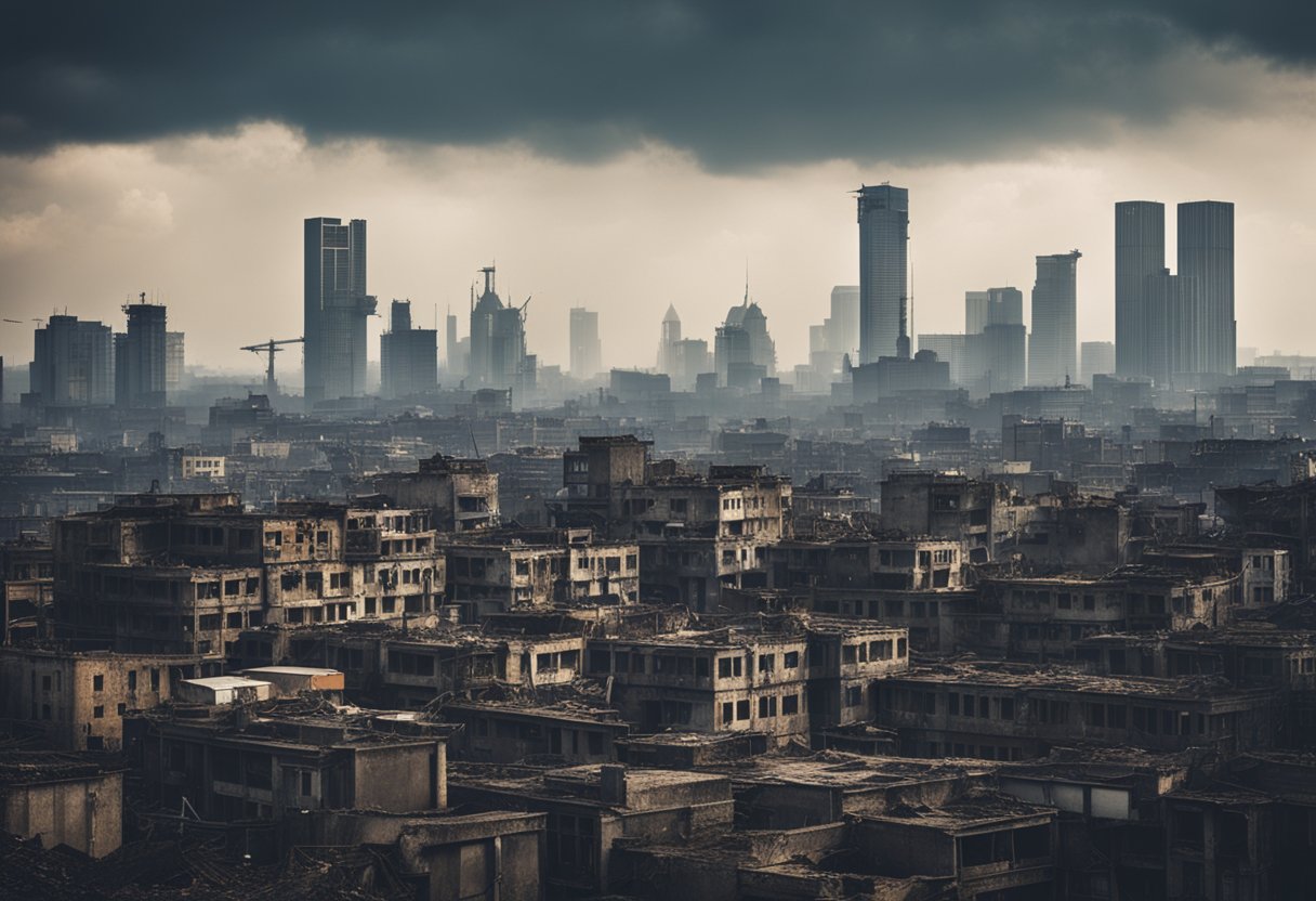 A desolate cityscape with towering, decaying buildings and polluted skies, reminiscent of a dystopian world