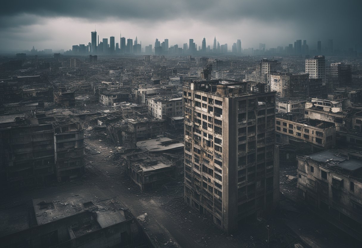 A desolate cityscape with towering, decaying buildings and polluted skies, reminiscent of a dystopian world, evoking a sense of despair and hopelessness.
