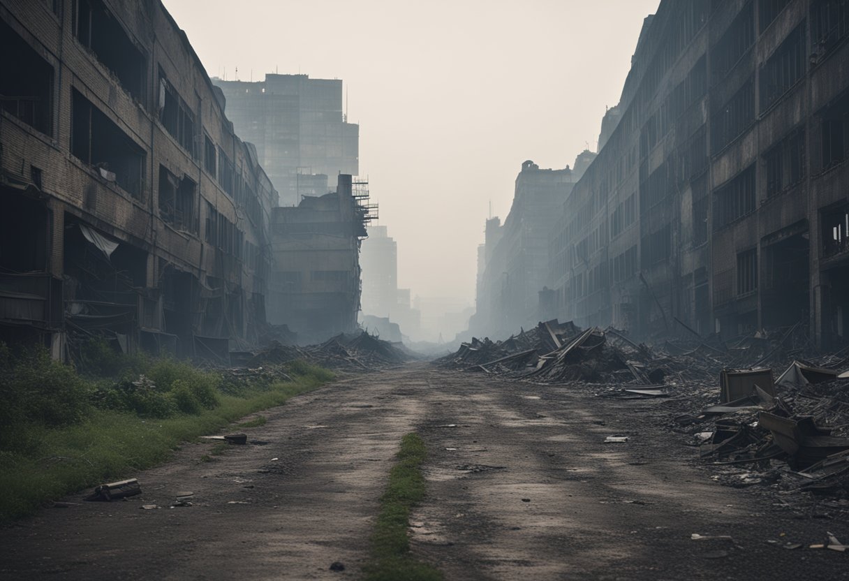 A desolate, industrial landscape with towering, crumbling buildings and polluted skies reminiscent of a dystopian world. The air is thick with smog and the ground is littered with debris