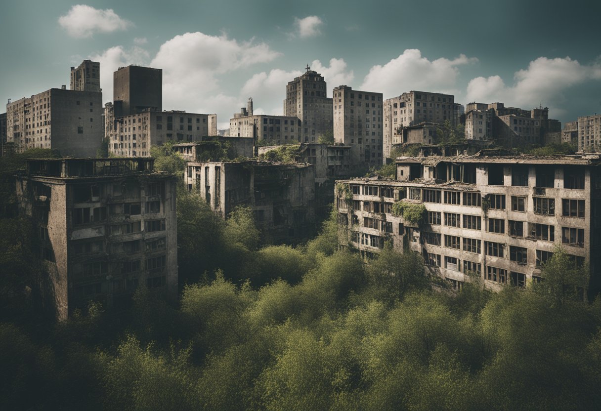 A desolate, abandoned cityscape with towering, crumbling buildings and overgrown vegetation, reminiscent of a dystopian world, evoking a sense of eerie desolation and decay