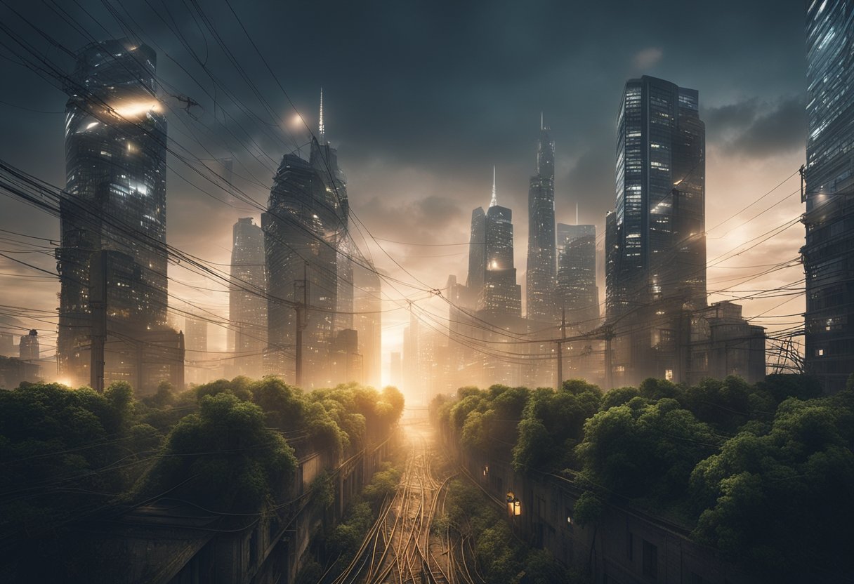 A mystical, dystopian city with towering skyscrapers and eerie, glowing lights. The streets are deserted, overgrown with tangled vines and twisted metal. A sense of eerie beauty and desolation permeates the scene