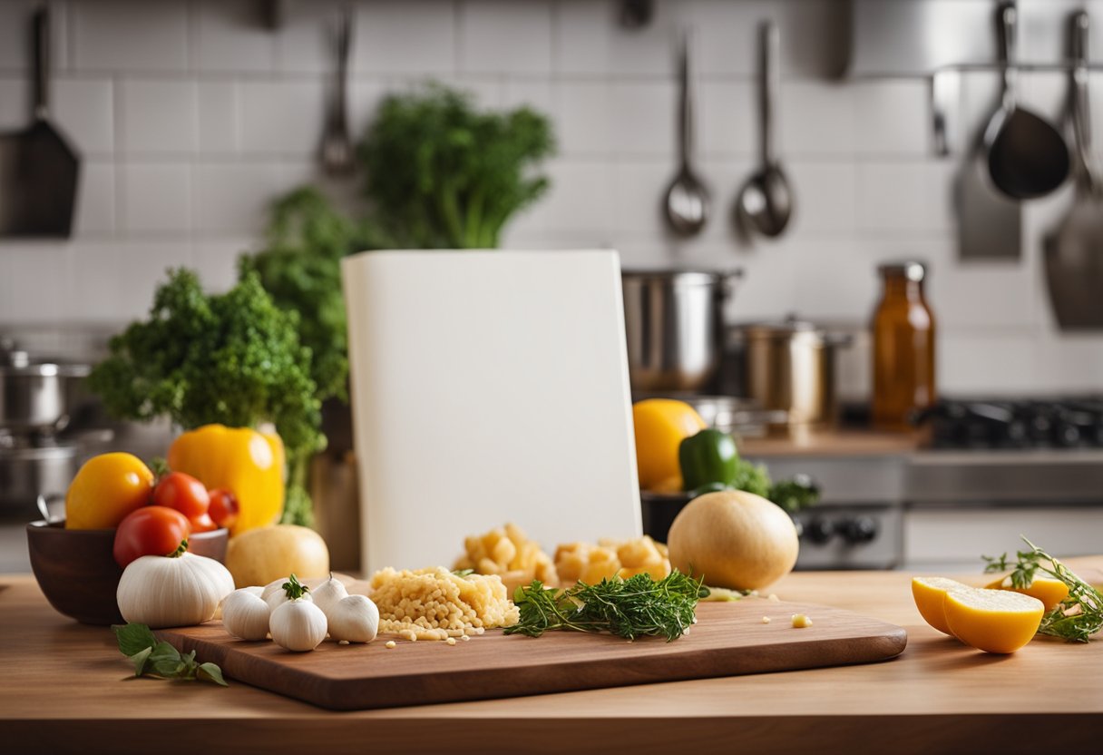 A kitchen counter with fresh ingredients, a cutting board, and a recipe book open to a page on Italian cuisine