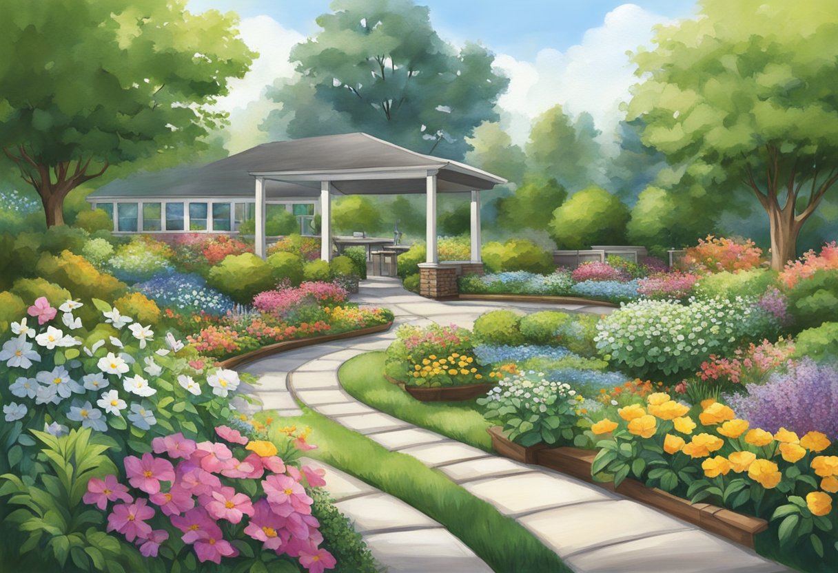A peaceful garden at Hospice Cleveland, Ohio, with colorful flowers and a serene atmosphere