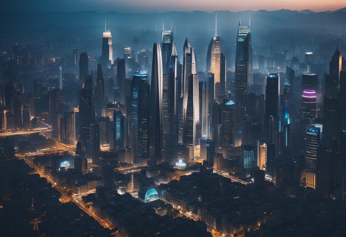 A futuristic city rises from the ruins of a dystopian city, blending advanced technology with remnants of the past. The skyline is dominated by towering skyscrapers, while the streets below are filled with bustling markets and neon signs
