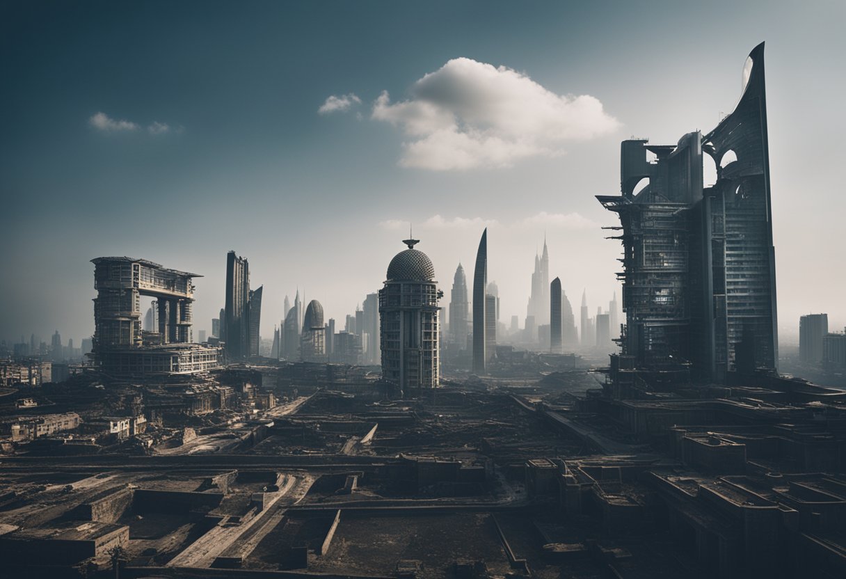 A desolate cityscape with remnants of ancient cultural landmarks, juxtaposed with futuristic, dystopian architecture. The skyline is dominated by towering, oppressive structures, reflecting a dark and foreboding atmosphere