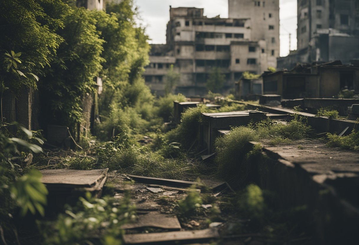 A desolate, abandoned cityscape with crumbling buildings and overgrown vegetation, surrounded by a polluted and decaying environment reminiscent of a dystopian world