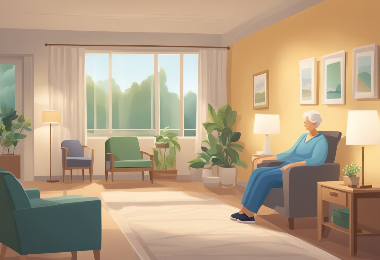 A serene hospice room with soft lighting, comfortable furniture, and soothing decor. A caregiver provides compassionate care to a patient while a supportive team works quietly in the background