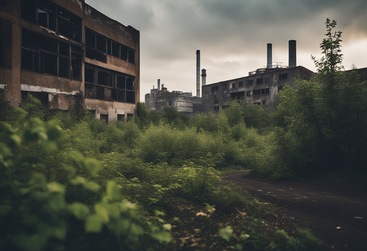 A desolate landscape with crumbling buildings and overgrown vegetation, a rusty, abandoned factory in the background, and a polluted, murky sky overhead reminiscent of a dystopian world