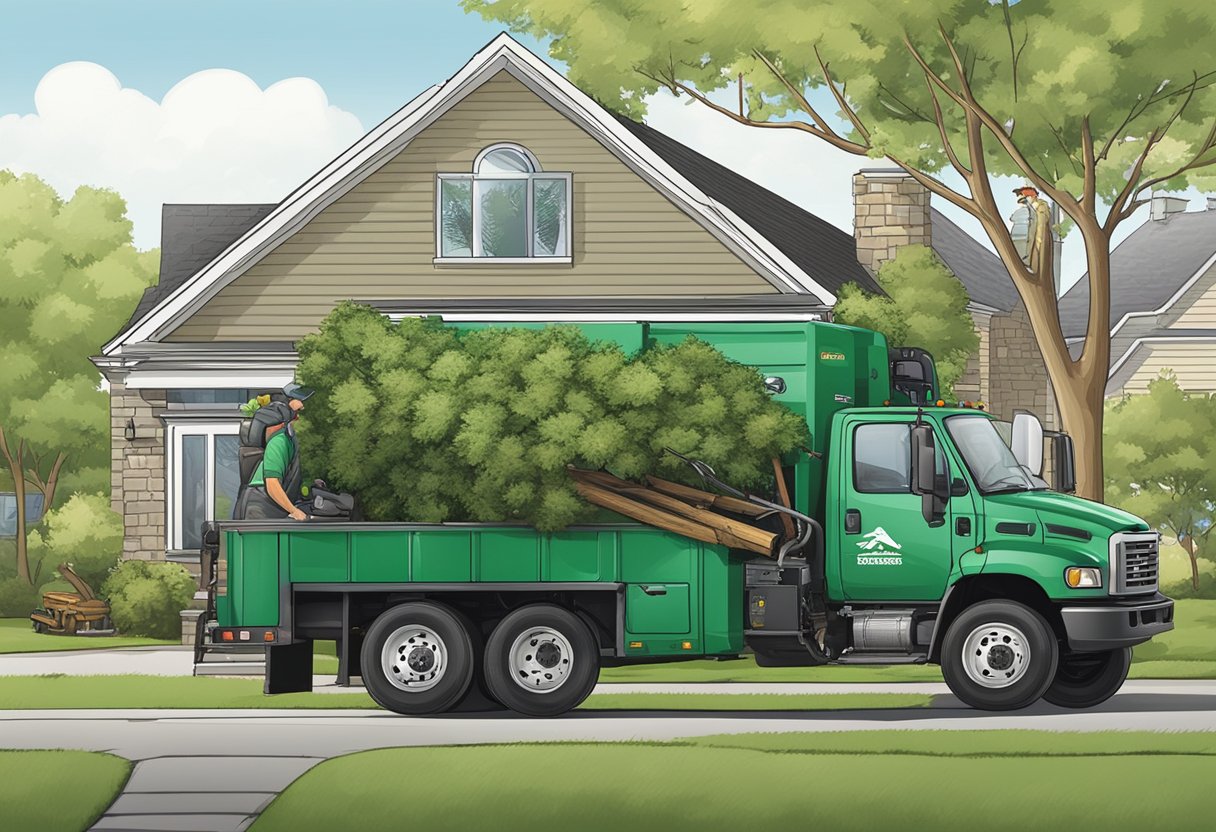 A tree service truck parked outside a suburban home with workers trimming branches and removing debris. The company logo prominently displayed on the vehicle