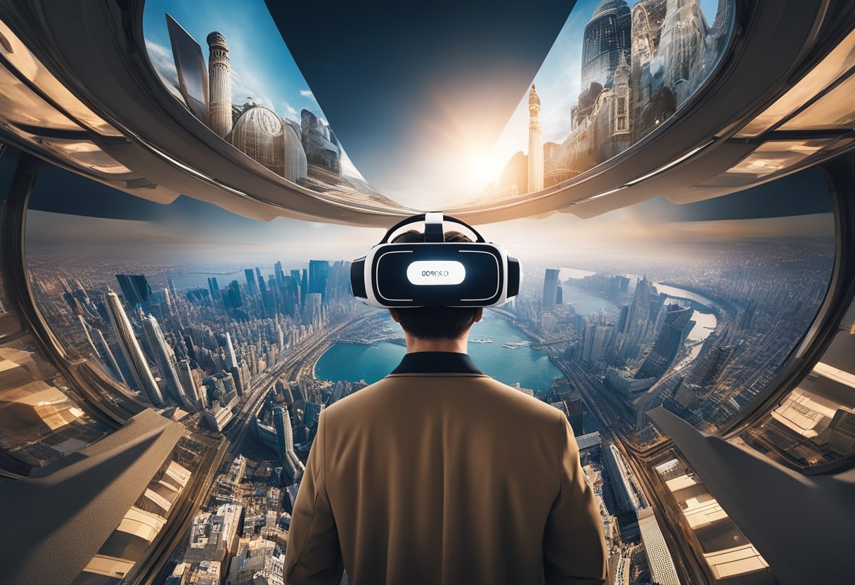 Virtual Reality Travel: Discover the Globe from Your Living Room * A person wearing a VR headset, surrounded by a 360-degree view of famous landmarks, natural wonders, and bustling city streets