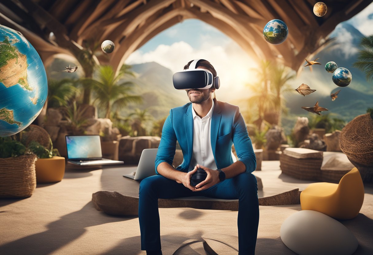Virtual Reality Travel: Discover the Globe from Your Living Room - A virtual traveler wearing a VR headset, surrounded by images of exotic destinations, with a globe and a laptop nearby