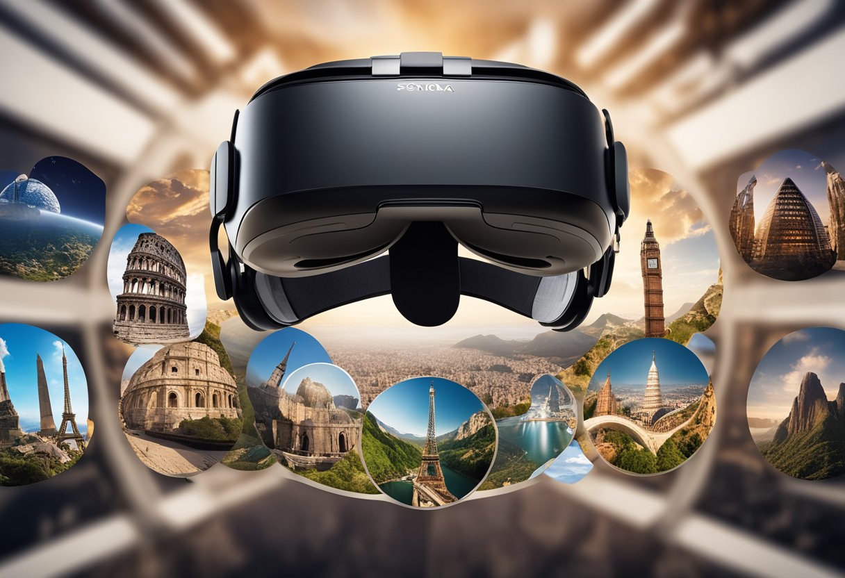 Virtual Reality Travel: Discover the Globe from Your Living Room - A virtual reality headset surrounded by images of iconic landmarks and landscapes from around the world