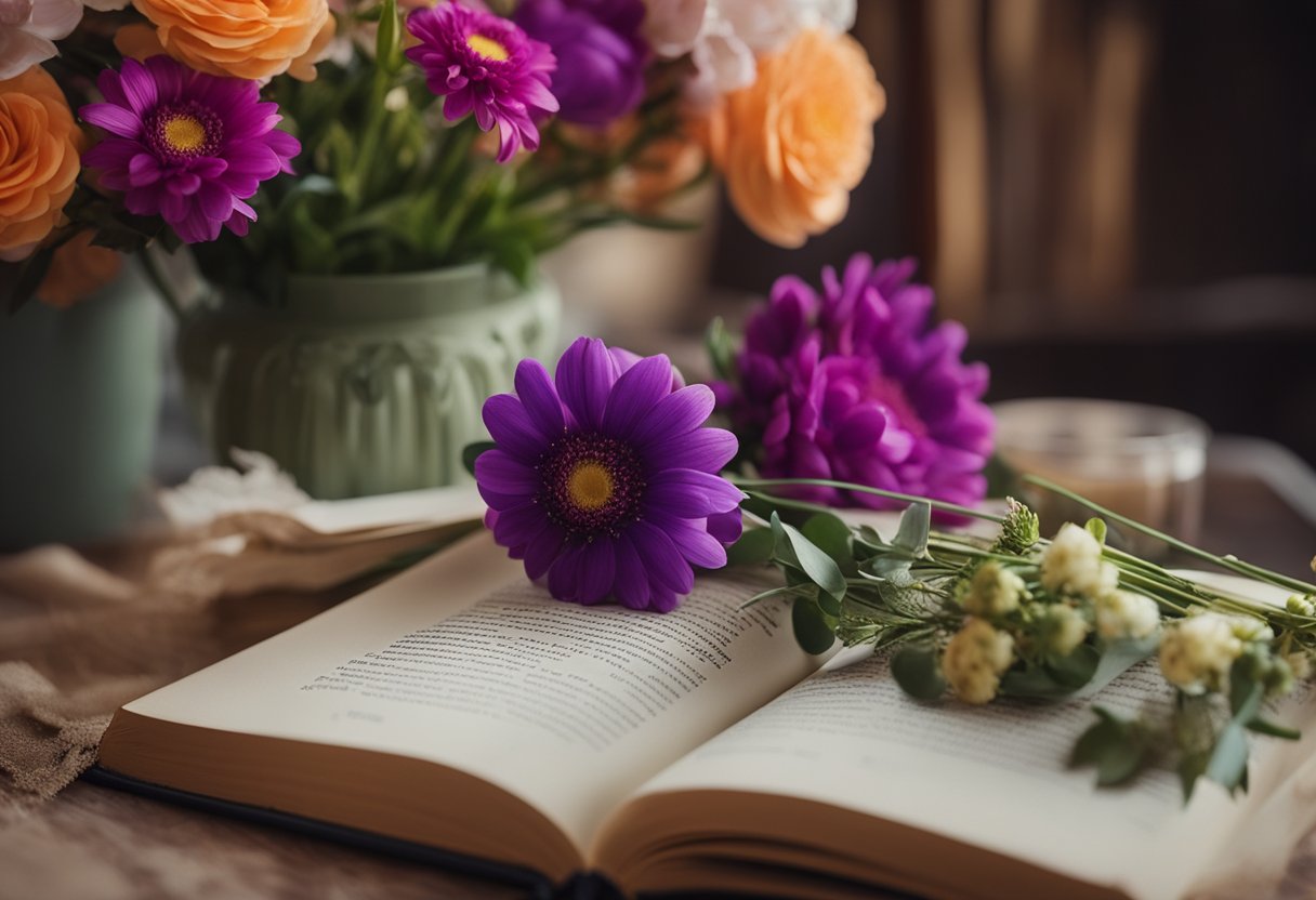 Language of Flowers: A vibrant bouquet of flowers arranged in a Victorian-era setting, with a book open to pages detailing the meanings of each flower