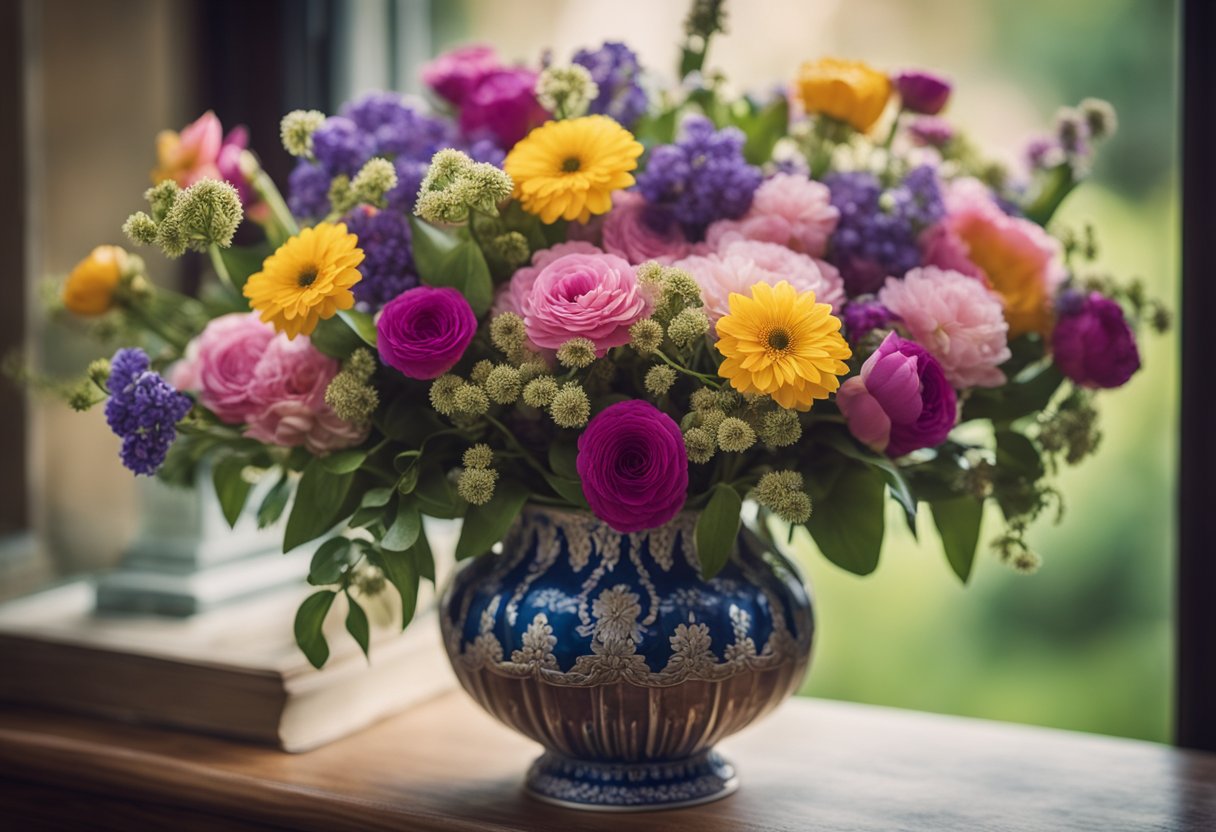 Language of Flowers: A vibrant bouquet of flowers arranged in a Victorian-style vase, each bloom carefully chosen to convey a specific message through its historical and modern symbolic meaning