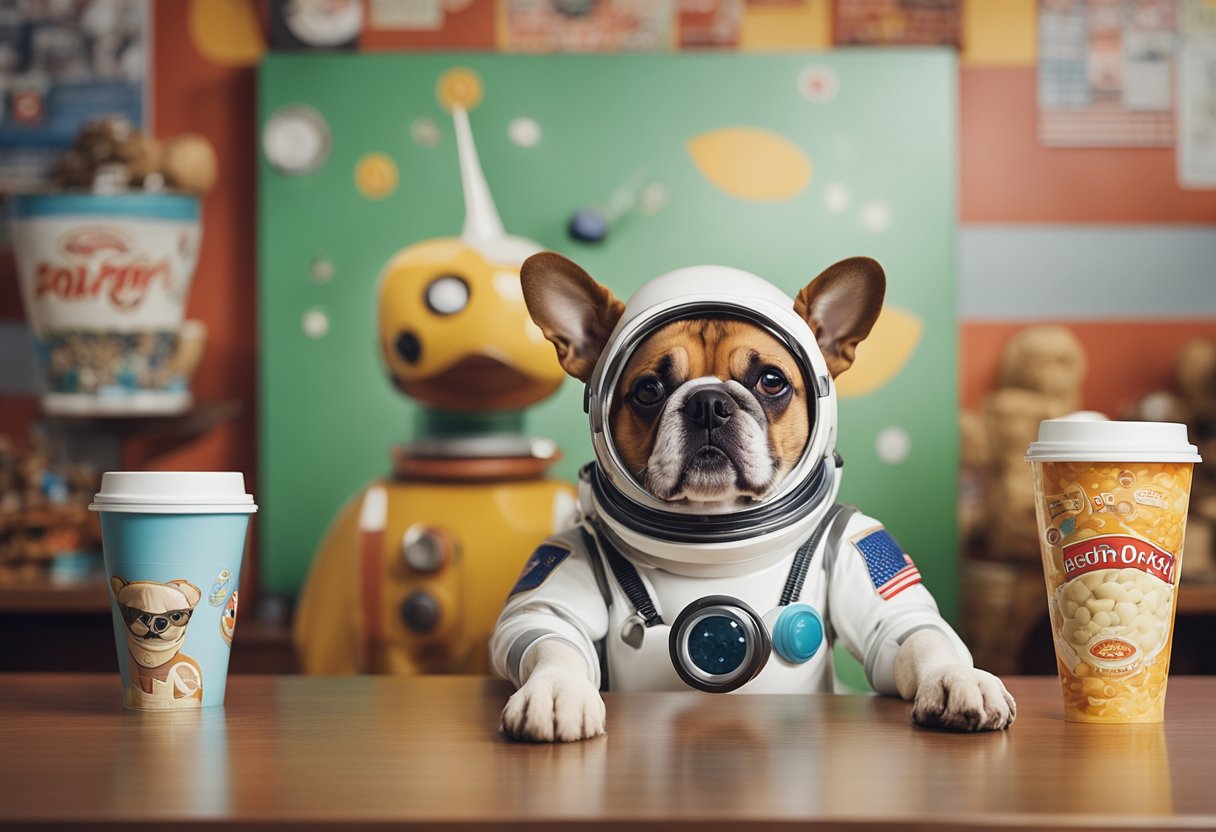 Unconventional museums: A room filled with quirky exhibits: a painting of a dog in a spacesuit, a giant cup noodle sculpture, and a wall of mismatched socks