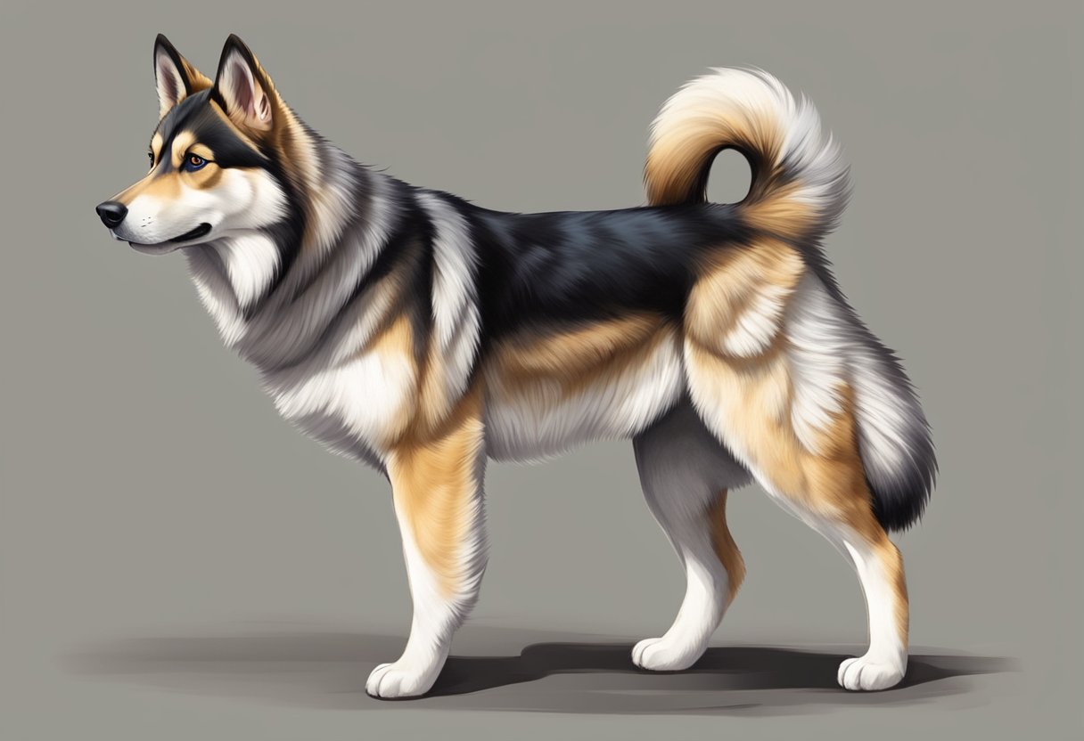 A Gerberian Shepsky stands proudly, with a thick, double coat of fur, pointed ears, and a strong, athletic build. Its intelligent eyes exude confidence and loyalty