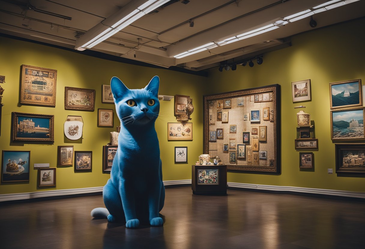 Unconventional museums: A room filled with peculiar exhibits: a painting of a lopsided cat, a giant cup noodle, and other oddities. The museum is dimly lit, adding to the mysterious atmosphere