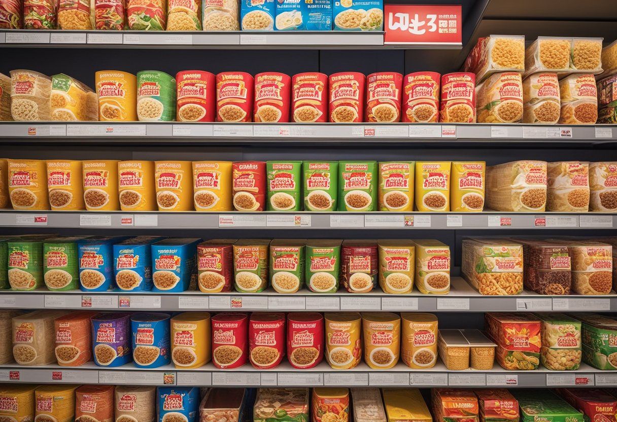 Unconventional museums: A colorful display of Cup Noodles packaging, arranged in a museum exhibit, with various flavors and designs on show