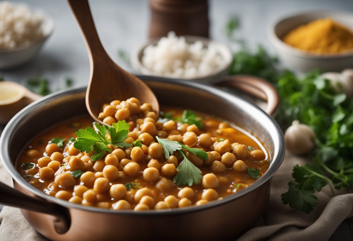 A pot simmering with chickpeas, onions, and aromatic spices. Steam rising as the ingredients meld together. A spoon stirring the fragrant curry