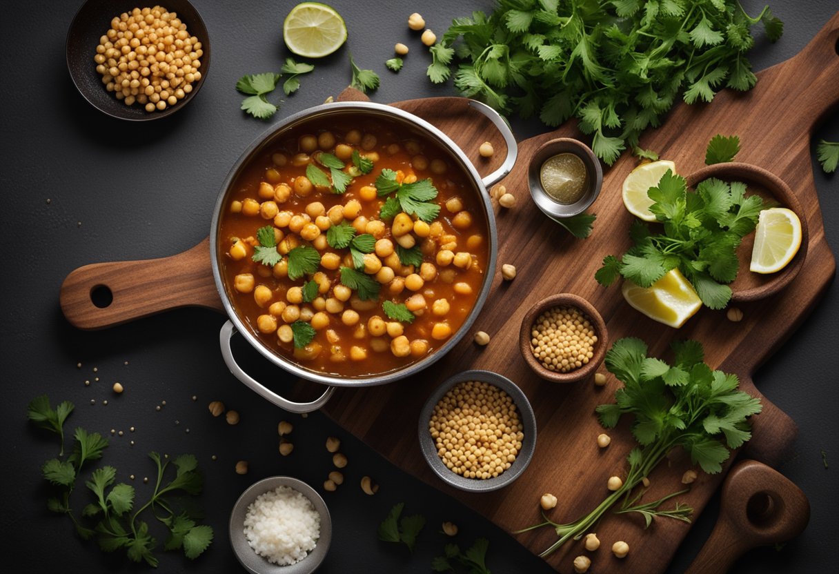 A pot simmers with chickpeas, tomatoes, and spices. A spoon stirs the fragrant curry. On a nearby cutting board, fresh cilantro and lemon wait to garnish