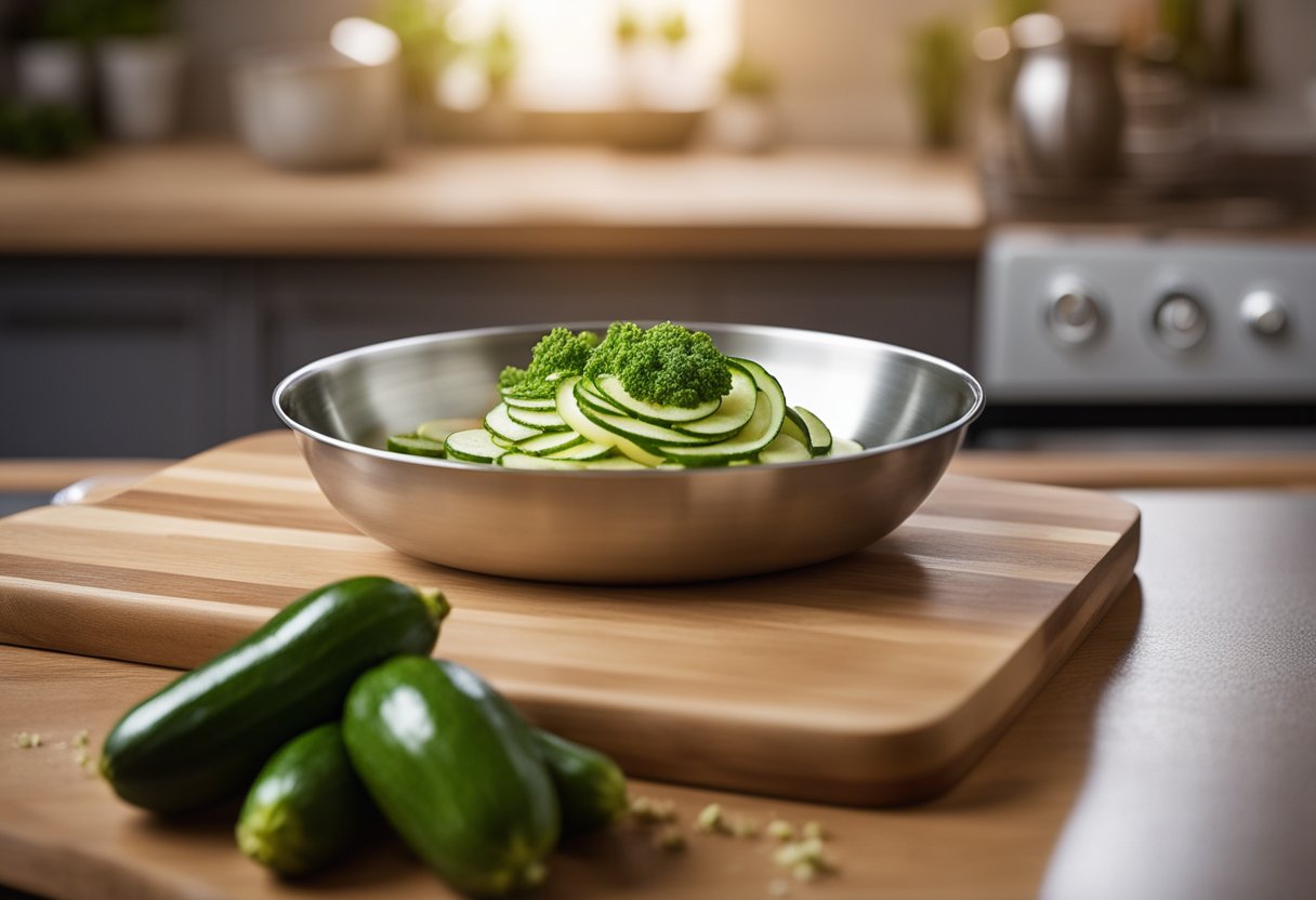 A cutting board with sliced zucchinis, a pot of boiling water, a jar of pesto sauce, and a colander for draining the cooked zucchinis