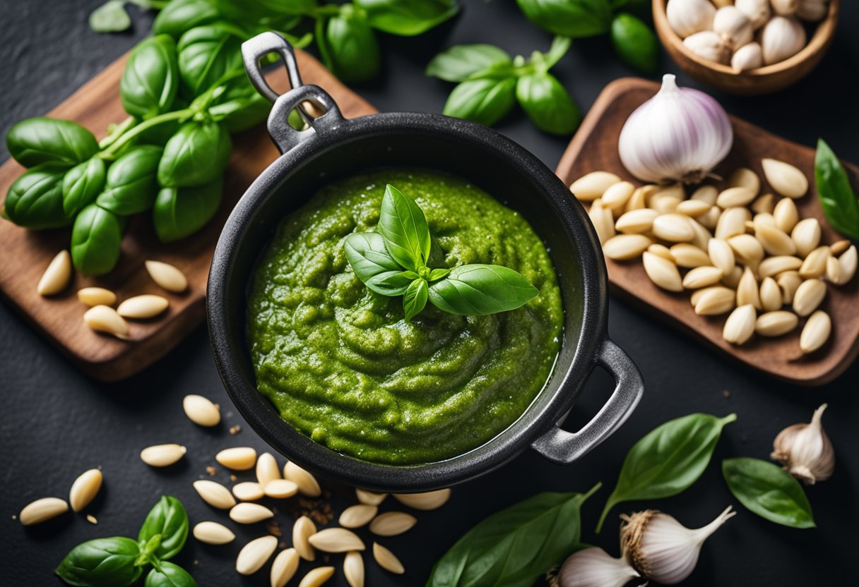 Fresh basil leaves, garlic cloves, pine nuts, and olive oil being blended together to create a vibrant green pesto sauce