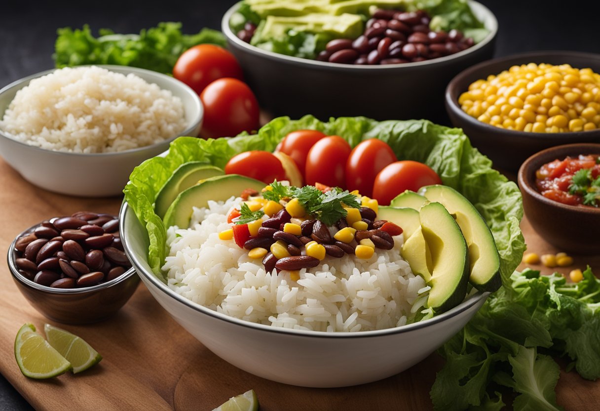 A table with ingredients for vegan burrito bowl: rice, beans, corn, avocado, tomatoes, lettuce, and salsa. Cutting board, knife, and bowl