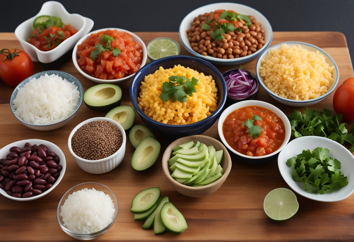 Ingredients laid out for making Vegan Burrito Bowl. Chopped vegetables, beans, rice, and salsa on a clean kitchen counter