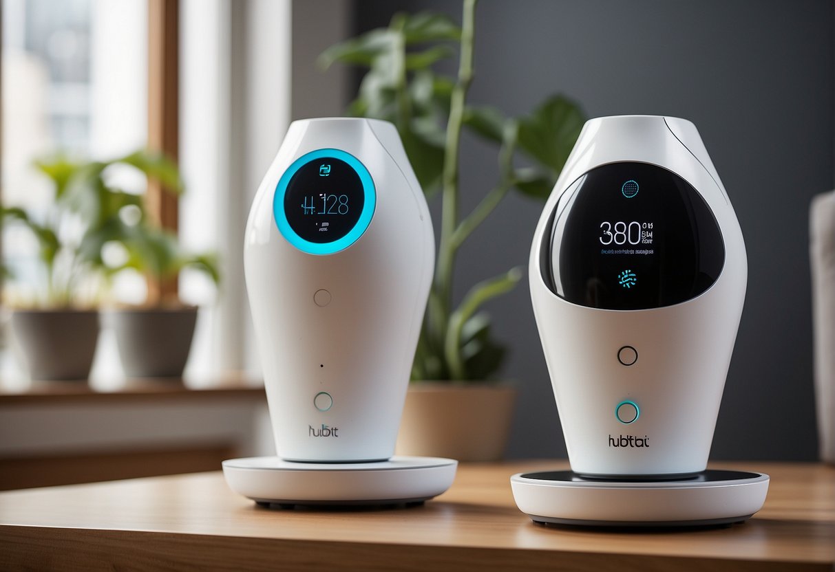 A hubitat and home assistant stand side by side, symbolizing customization and flexibility. The hubitat is depicted with various interchangeable components, while the home assistant is shown adapting to different environments