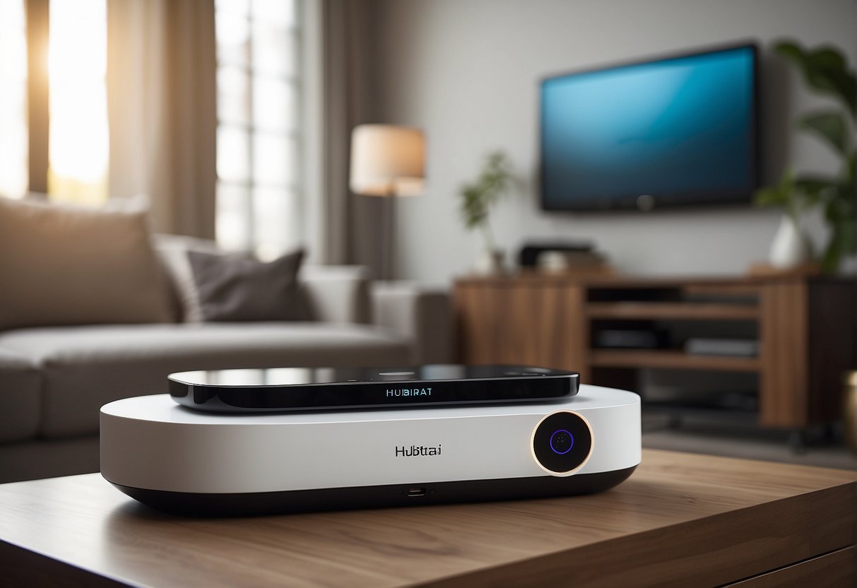 A sleek, modern hubitat device outperforms a home assistant in a minimalist, tech-savvy living room setting