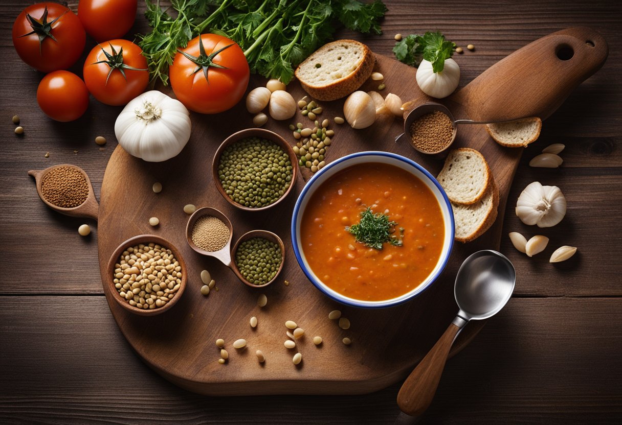 Lentil and tomato soup ingredients laid out on a wooden cutting board, with a pot and ladle nearby