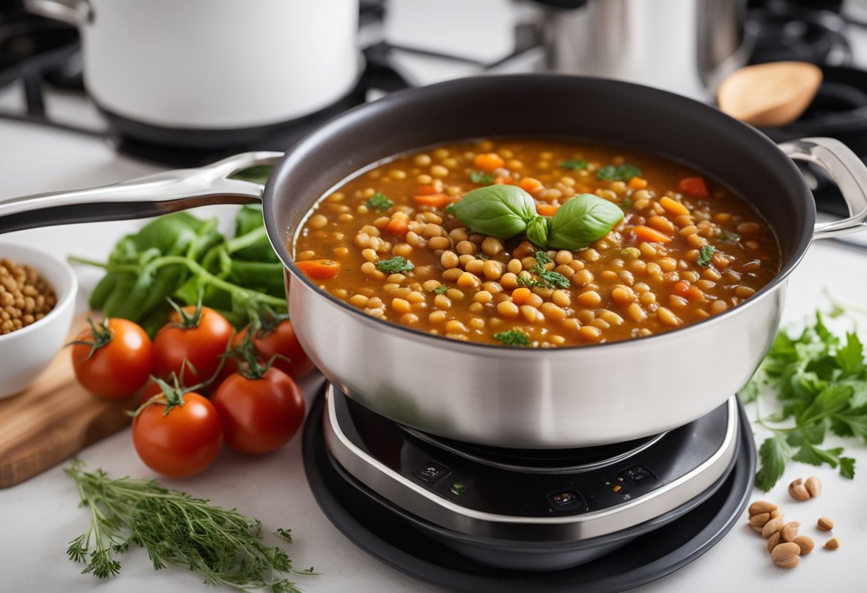 A pot of lentil soup simmering on the stove, filled with vibrant red tomatoes and hearty lentils, surrounded by fresh vegetables and herbs