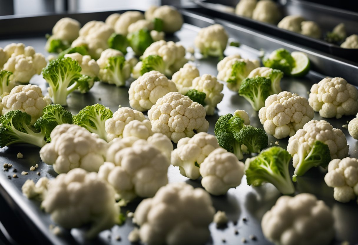 Cauliflower florets roasting on a baking sheet in the oven. Ingredients like spices, oil, and lime nearby