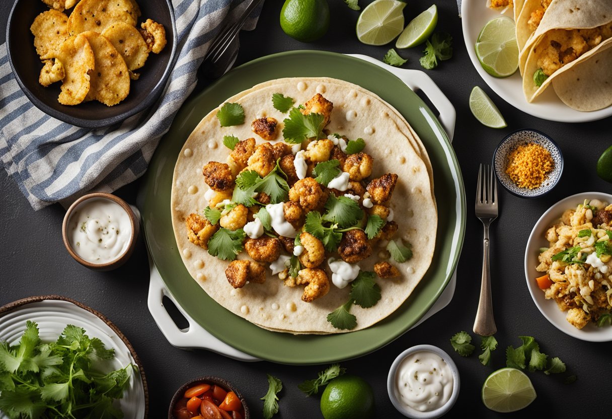 A table set with roasted cauliflower, tortillas, and various toppings for making tacos