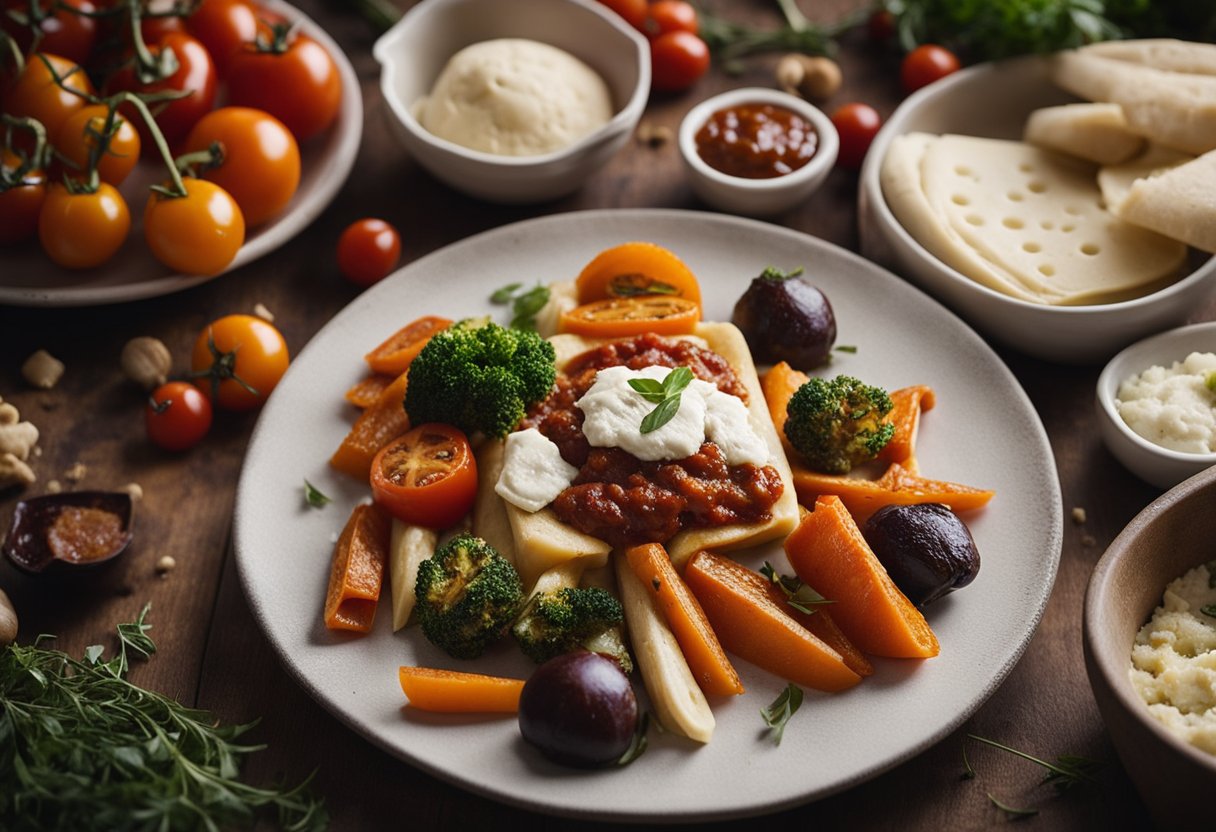 A table with assorted roasted vegetables, tomato sauce, and vegan cheese. A rolling pin and dough on a floured surface