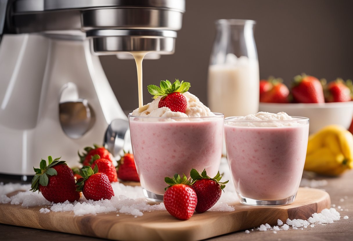 A blender mixing frozen bananas and strawberries into a creamy vegan ice cream. Fresh fruit and coconut milk nearby