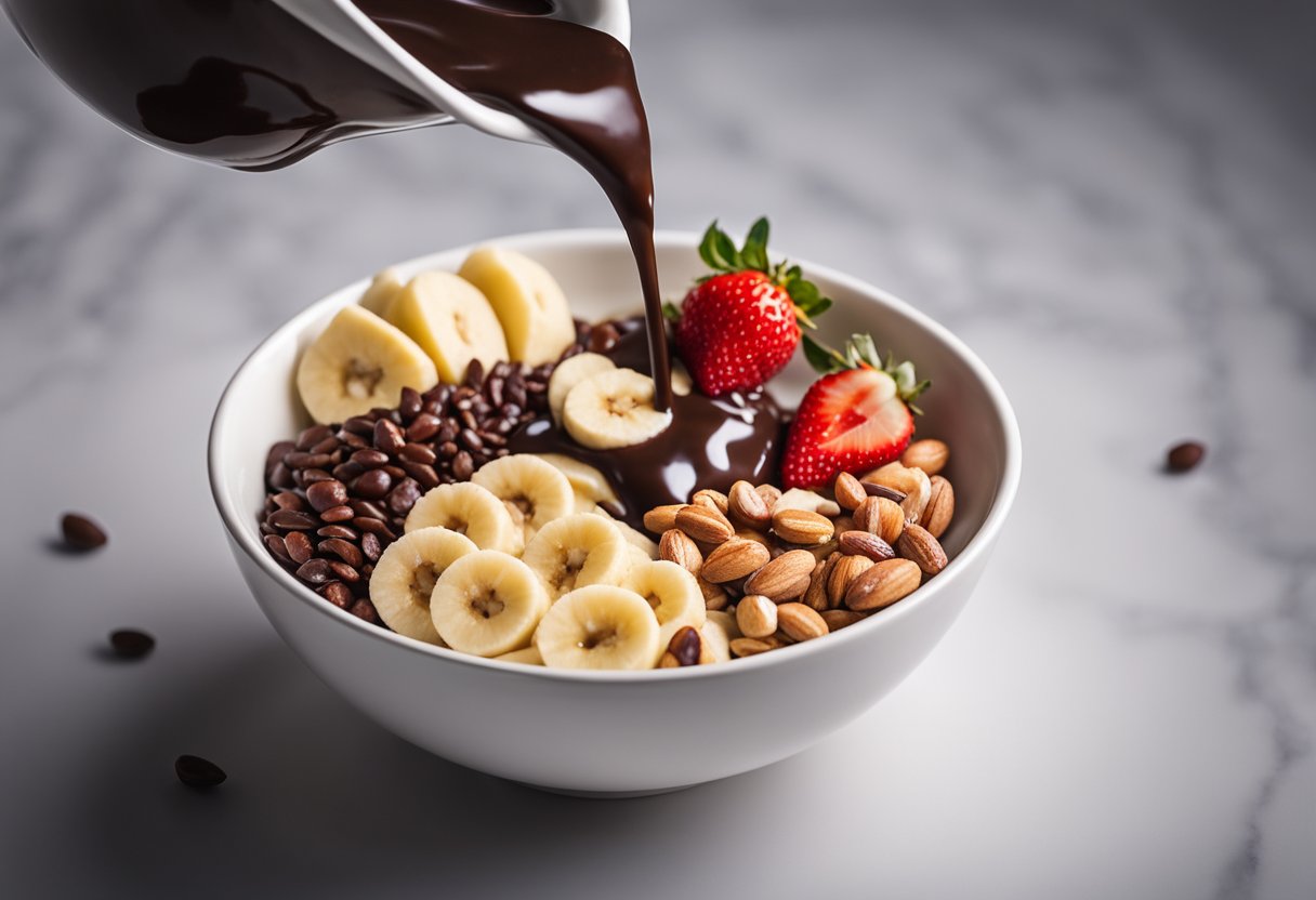 A hand pouring frozen banana and strawberry mixture into a bowl, finishing with a sprinkle of nuts and a drizzle of chocolate sauce