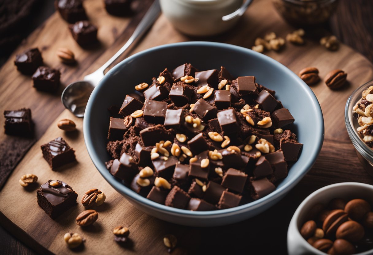 A mixing bowl filled with vegan brownie batter, with chunks of chocolate and walnuts scattered on the countertop