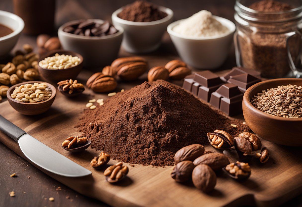 A kitchen counter with ingredients like cocoa powder, flaxseed, and walnuts laid out, alongside alternative substitutes for a vegan chocolate and walnut brownie recipe