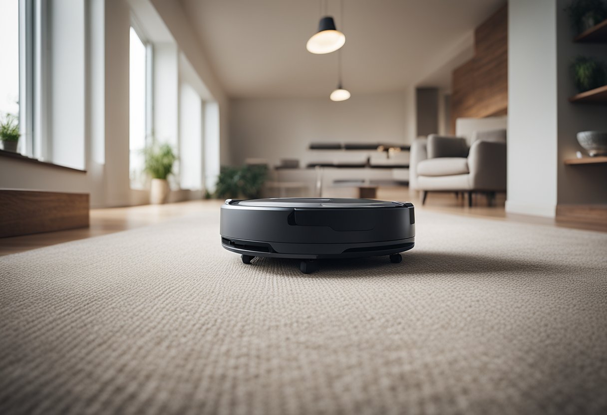 A sleek, modern robot vacuum glides effortlessly across a clean, spacious room in an Irish home, efficiently picking up dust and debris