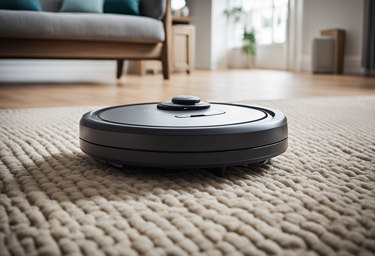 A robot vacuum cleaner glides across a clean, modern living room floor in Ireland, efficiently navigating around furniture and effortlessly picking up dust and debris