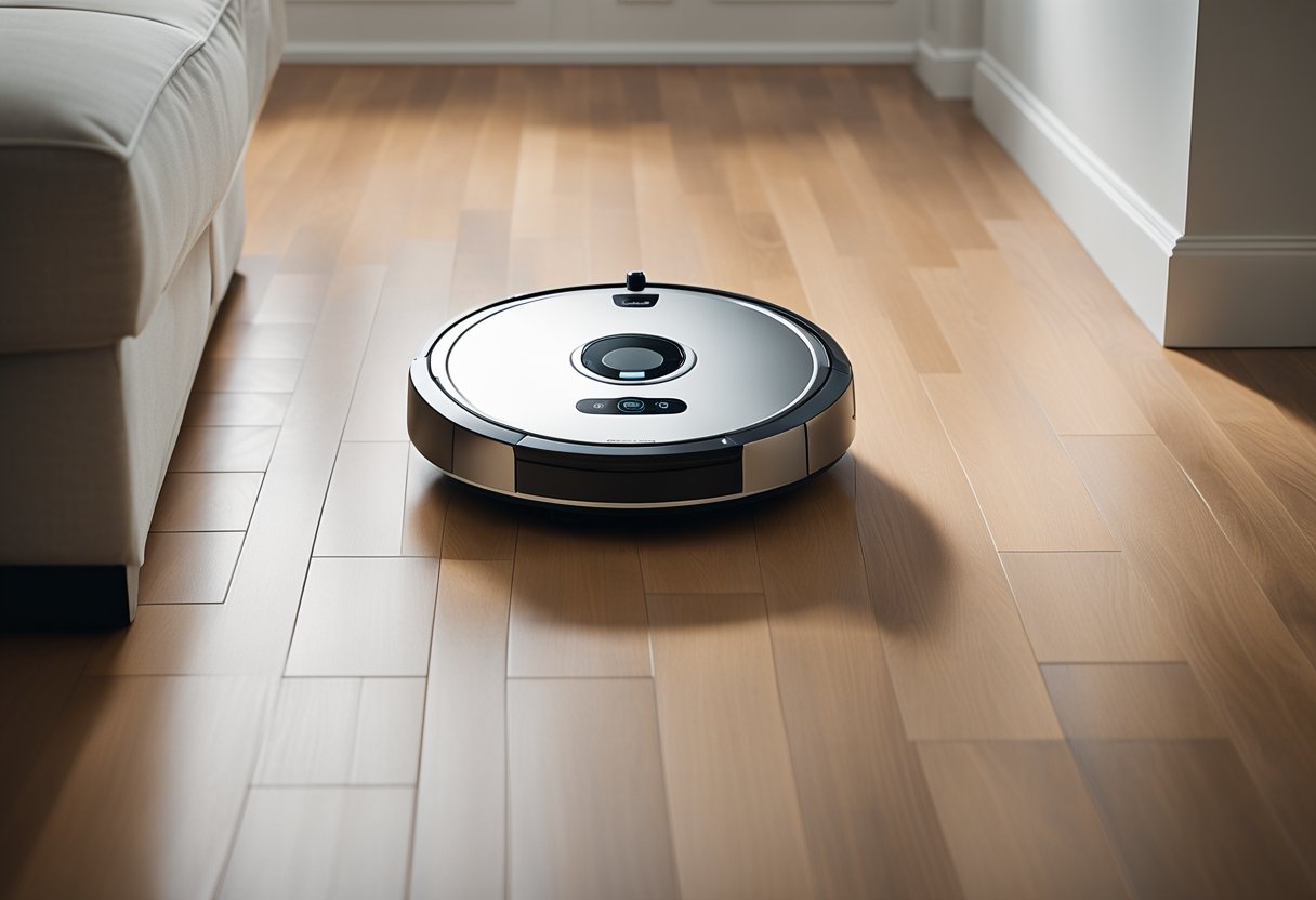 A sleek robot vacuum cleaner with advanced sensors and brushes, navigating effortlessly around furniture and corners in a modern Irish home